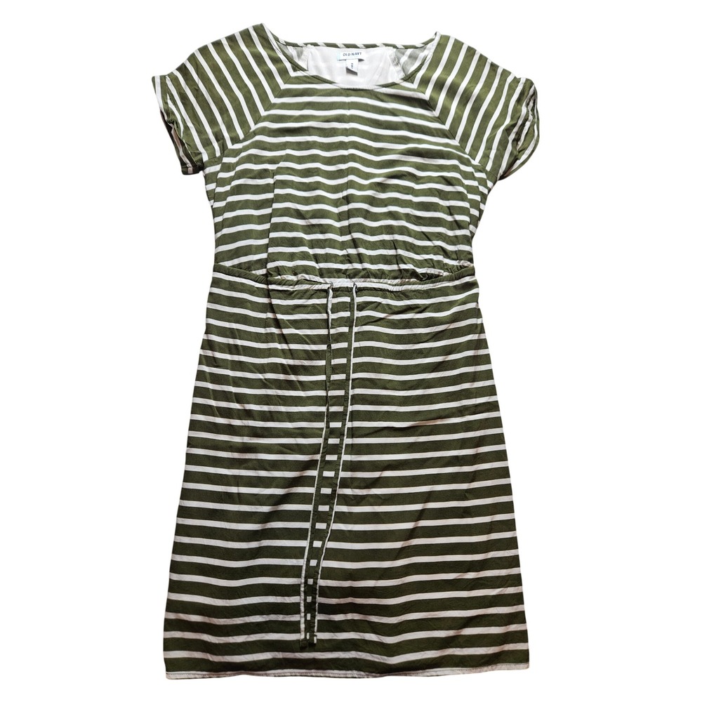 Old Navy Womens Medium Green White Striped Drawstring Waist Mini Dress